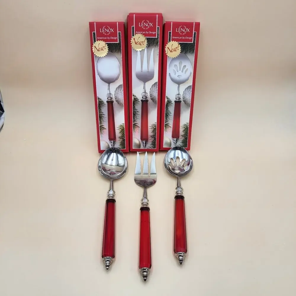 Lenox Holiday Jewel 3-Piece Serving Set Spoon Pierced Spoon Cold Meat Fork Boxed